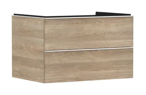 Waschtischunterschrank von Hansgrohe in hellbraunem Holzdesign mit zwei Schubkästen, geeignet für einen Aufsatzwaschtisch.
